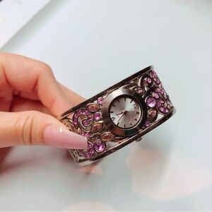 JAPAN MOVT Silver Purple Rhinestone Paisley Watch Bracelet